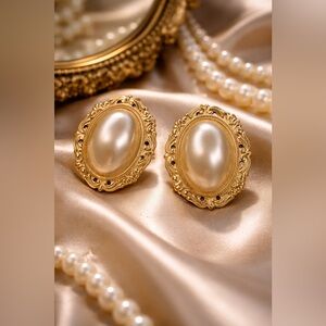 Vintage Gold Tone Faux Pearl Filigree Statement Earrings | Estate Find